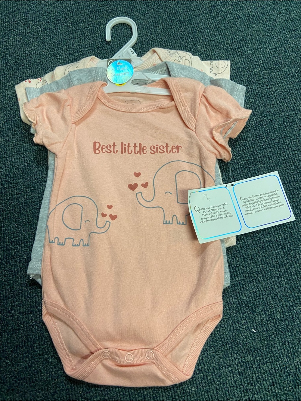 Quiltex Peach "Best Little Sister" Elephant Bodysuit Set